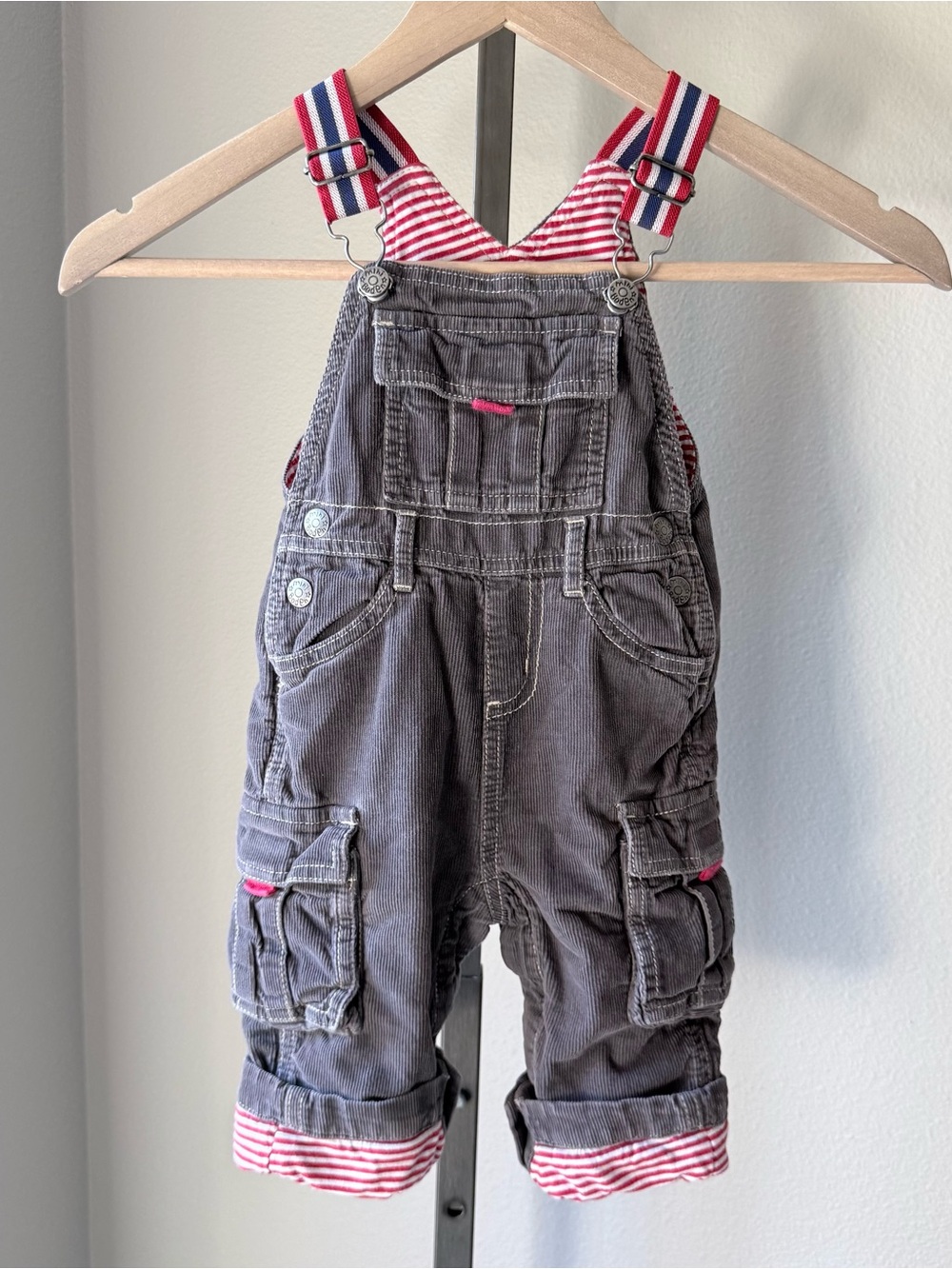 Baby Boden 6-12M Gray Corduroy Cargo Overalls Striped Lined